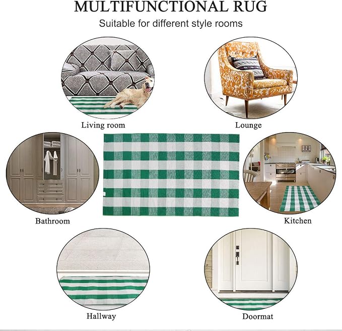 uxcell Buffalo Check Rug,Plaid Outdoor Rug,Layered Door Mat,Cotton Gingham Rugs,Floor Mat for Front Porch/Runner/Bedroom/Kitchen/Farmhouse 59"x35" Green & White