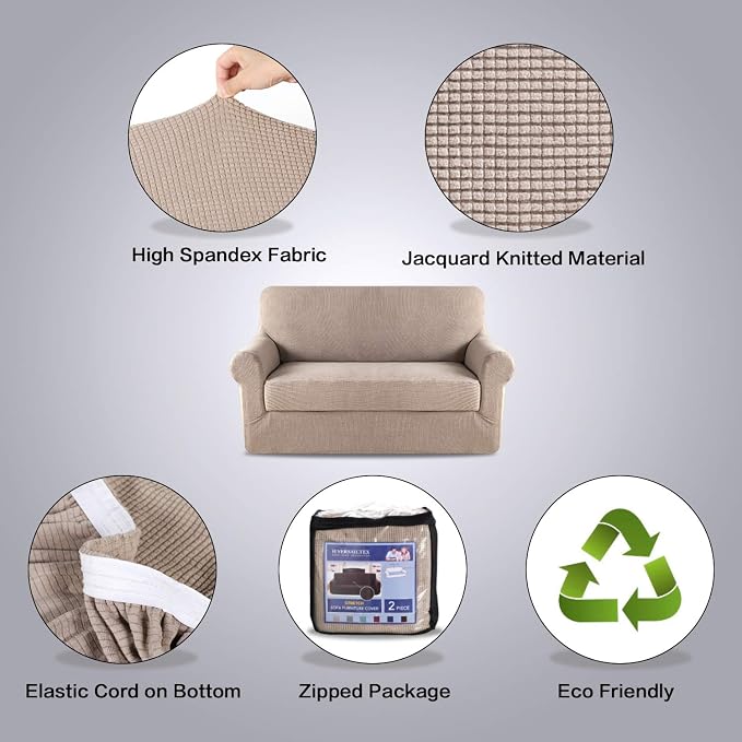 H.VERSAILTEX 2 Pieces Loveseat Covers Fit Lovesat Width Up to 70 Inch Furniture Cover/Protector, Jacquard Spandex Stretch Loveseat Slipcovers Suit for T Cushion/Box Cushion (Loveseat, Sand)