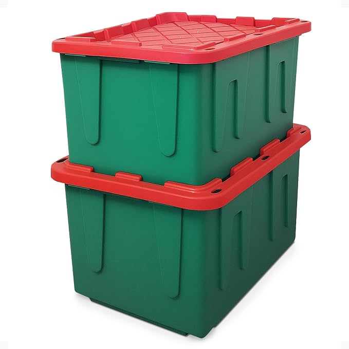 HOMZ Holiday Plastic Storage Container, 27 Gallon - Set of 2, Green and Red, 2 Sets | Heavy-Duty Large Stackable Container Seasonal Boxes for Home, Attic, and Garage Organization