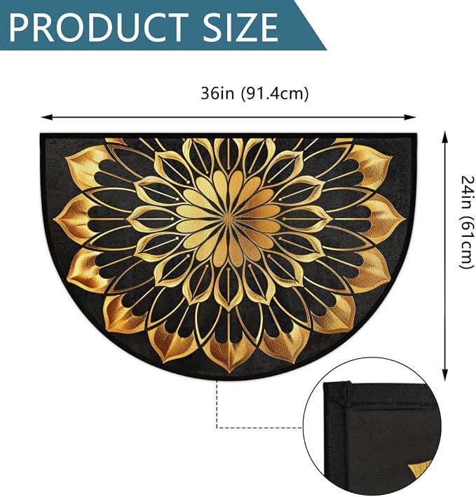 Gold Mandala Half Round Door Mat Non Slip Half Circle Rugs | Ethnic Flower Washable Half Moon Rug Semi Circle Rugs Indoor Entrance Floor Carpet for Kithen Bedroom Fireplace Decor