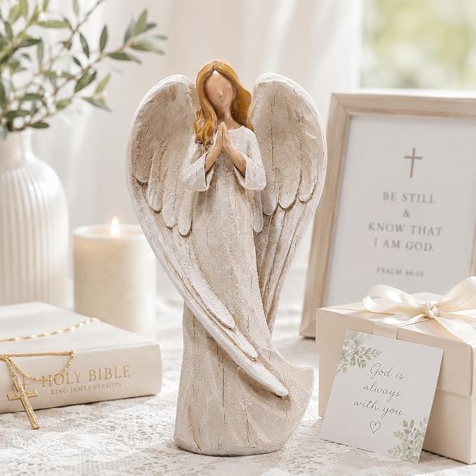 Hodao Praying Angel Figurine Resin Guardian Angel Statue for Home Decor, Elegant White Blessing Sculpture for Shelf Table Mantel, Keepsake Gift for Mom, Women and Family