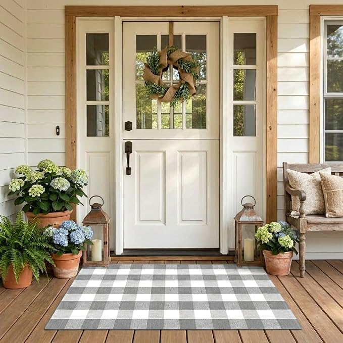 Buffalo Plaid Rug 3' x 5' Grey and White Front Door Mat Reversible Layered Porch Rug Washable Hand Woven Cotton Area Rug for Indoor Outdoor Entryway Patio Porch Decor