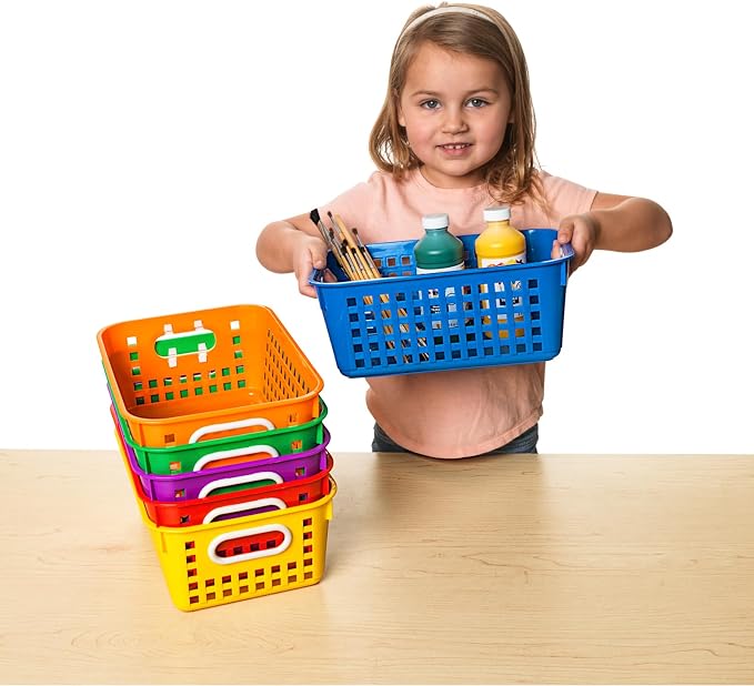 Really Good Stuff Medium Plastic Book Baskets, 11" by 7.5" by 4.5", 6-Pack | Rainbow Group Colors, Versatile Storage Solution for Classroom, Home, & Office