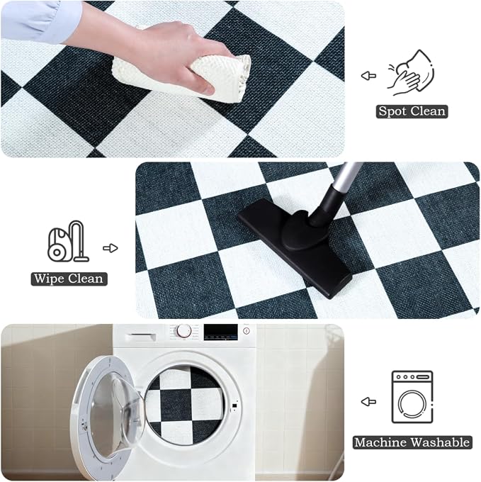 Vasofe 5x7 Jute Checkered Rugs, Washable Outdoor Patio Rug for Living Room | Indoor Carpet, Non-Slip Farmhouse Geometric Non Slip Area Rug for Backyard Dining Room Bedroom Balcony, Black and White