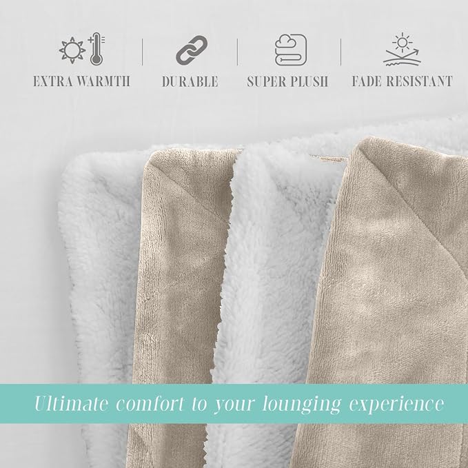 Elegant Comfort Throw Blanket, Reversible Sherpa Flannel, Ultra-Soft, Fuzzy, Cozy and Plush- All Season Lightweight Decorative Throw, 50 x 60 inches, Solid Sherpa Throw, Cream