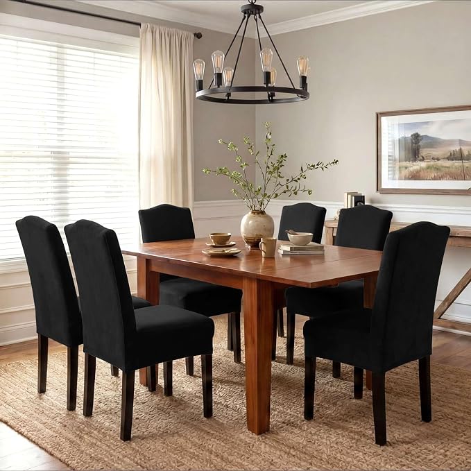 H.VERSAILTEX Velvet Dining Chair Covers Stretch Chair Covers for Dining Room Set of 6 Parson Chair Slipcovers Chair Protectors Covers Dining, Soft Thick Solid Velvet Fabric Washable, Black