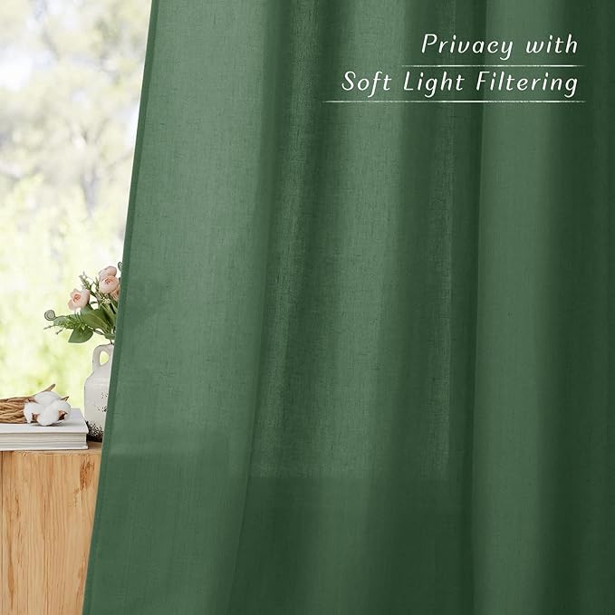 NICETOWN Short Thick Linen Curtains for Small Window, Grommet Bedroom Curtains & Drapes Privacy Added with Light Filtering Window Treatments for Bathroom, Olive Green, 2 Panels, W55 x L54