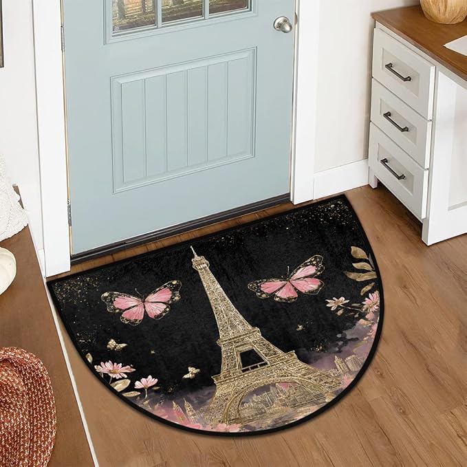 Flower Half Round Door Mat Semi Moon Rug Fireplace Carpet Area Rugs | Gold Pari Non Slip Absorbent Half Circle Mat Carpet for Indoor Outdoor Patio Kitchen Bathroom Entryway Home Decor