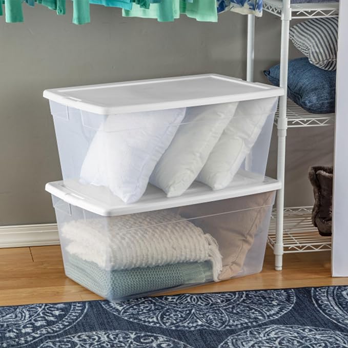 Sterilite Storage Box, Stackable Clear Plastic Bins, 90 Quart, 12-Pack | Heavy-Duty Organizing Containers with Snap-On Lids for Closet, Bathroom, and Office