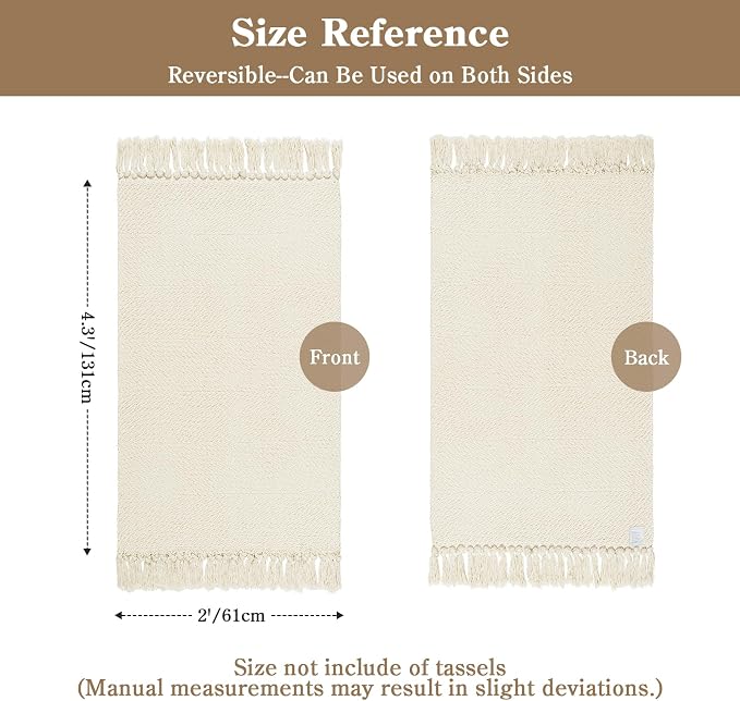 Collive 2' x 4.3' Indoor Outdoor Rug, Modern Farmhouse Kitchen Runner Rugs Hand-Woven Bathroom Rugs, Boho Washable Entry Carpet White Reversible Front Door Mats for Laundry Bedroom Porch Decor