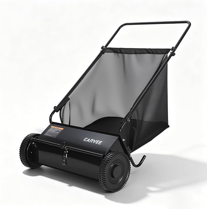 Garvee 26 Inch Push Lawn Sweeper, Walk Behind Leaf Grass Collector with 7 Cu ft Hopper Bag, Carbon Steel Frame, Yard Sweeper with Adjustable Brush Height for Garden Patio Driveway Leaves Cleanup | 7 Cu ft Hopper Bag, Carbon Steel Frame, Yard Sweeper wi...