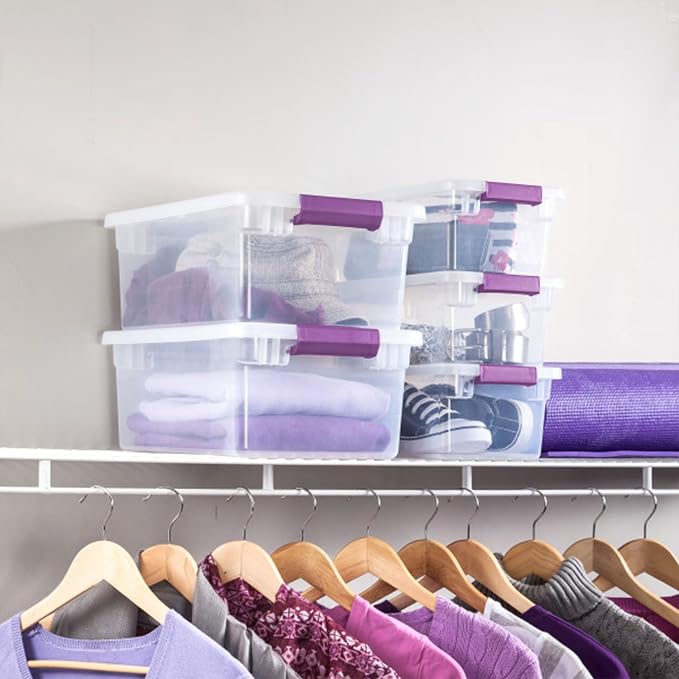 Sterilite 6 Qt ClearView Latch Storage Box Stackable Bin with Latching Lid, Plastic Container to Organize Shoes in Closet, Clear (24 Pack) | Clear Plastic Organizers with Color Accent Latches for Closet, Bedroom, Shelving Units, Dorm Room and Home Orga...