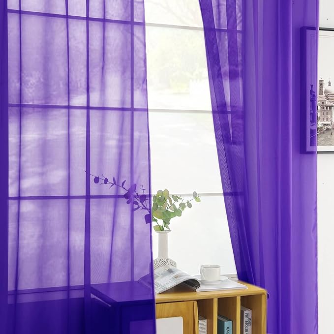youleyar Solid Sheer Rod Pocket Curtain Voile Draperies 2 Panels White Beige Black Grey Coffee 52 Inch Width 96 Inch Long 1 Pair for Kitchen Bedroom Children Living Room Yard (Purple,52Wｘ96L)