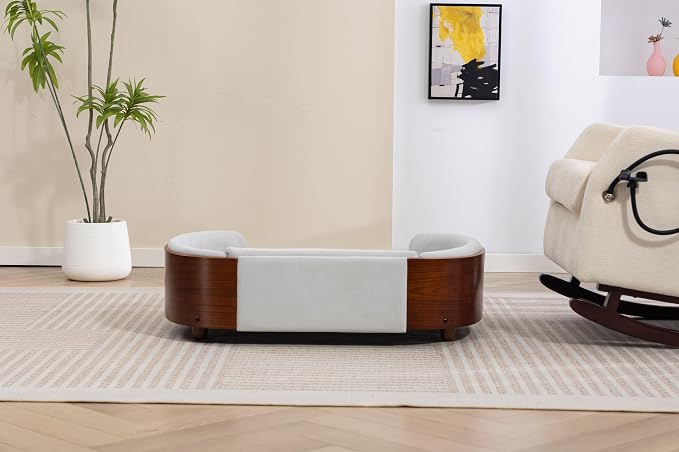 Scandinavian Style Elevated Dog Bed Pet Sofa with Solid Wood Legs and Bent Wood Back, Velvet Cushion, Large Size, Walnut Frame & Beige Cushion