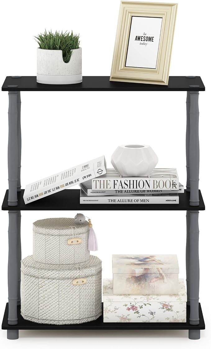 Furinno Turn-N-Tube 3-Tier Compact Multipurpose Shelf Display Rack with Classic Tube, Black/Grey | Open Frame Corner Shelf, for Organization and Storage, Living Room, Garage, Home Office