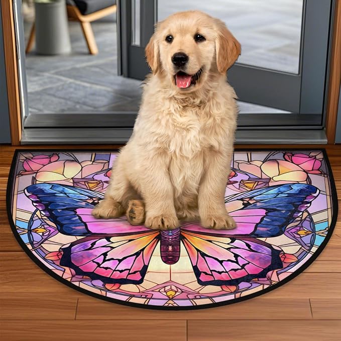 Flower Half Round Door Mat Non-Slip Semi Circle Rug Half Moon Doormat | Color Butterfly Soft Washable Welcome Entrance Mat for Outdoor Indoor Floor Bedroom Bathroom Home Kitchen Festival Decor