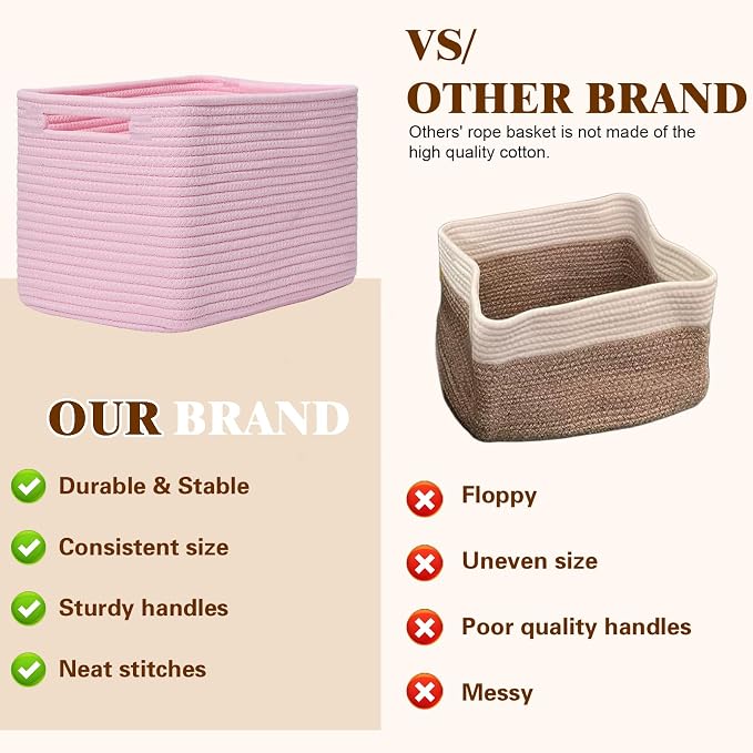 Storage Baskets for Organizing, 4 Pack Baskets for Shelves, Decorative Storage Bins for Shelves, Cotton Rope Storage Basket with Handles, Woven Basket for Storage, 13''Lx8.7''Wx7.9''H, Pink