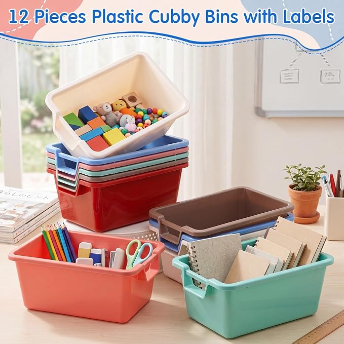 Thyle 12 Pieces Plastic Cubby Bins with Labels Classroom Book Bins Stackable Storage Container Durable Toy Storage Organizer Baskets for School Classroom Office (Handle,Morandi Color2)