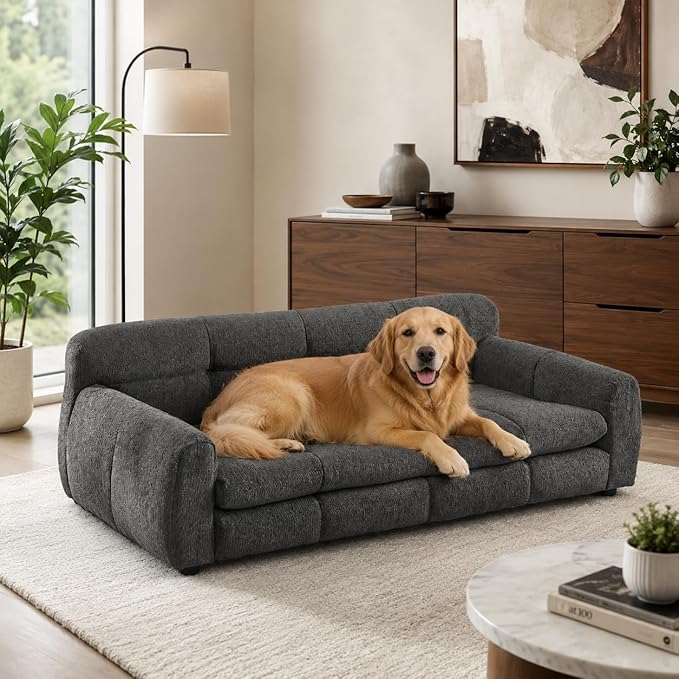 51"×28" Large Dog Sofa, for Large & Extra Large Dogs | Detachable Cushion | Reinforced Low Base|Non-Sagging |Linen Fabric | Soft Cushion | Armrest & Backrest | Dark Gray