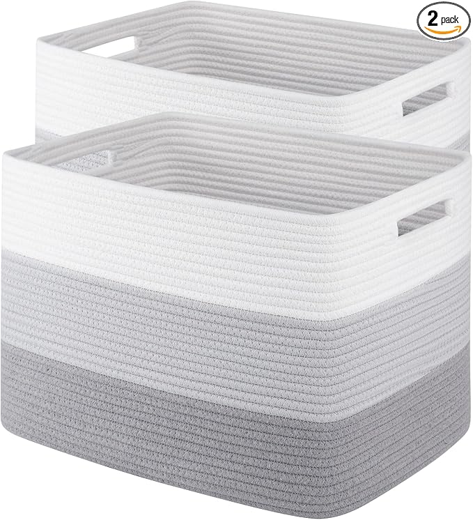 2 Pack Woven Storage Baskets for Closet, Toy Basket with Handles | Large Baskets for Organizing Shelves, Closet Storage for Blanket Living Room, Bedroom, Nursery, 15.8" x 11.8" x 11.8"