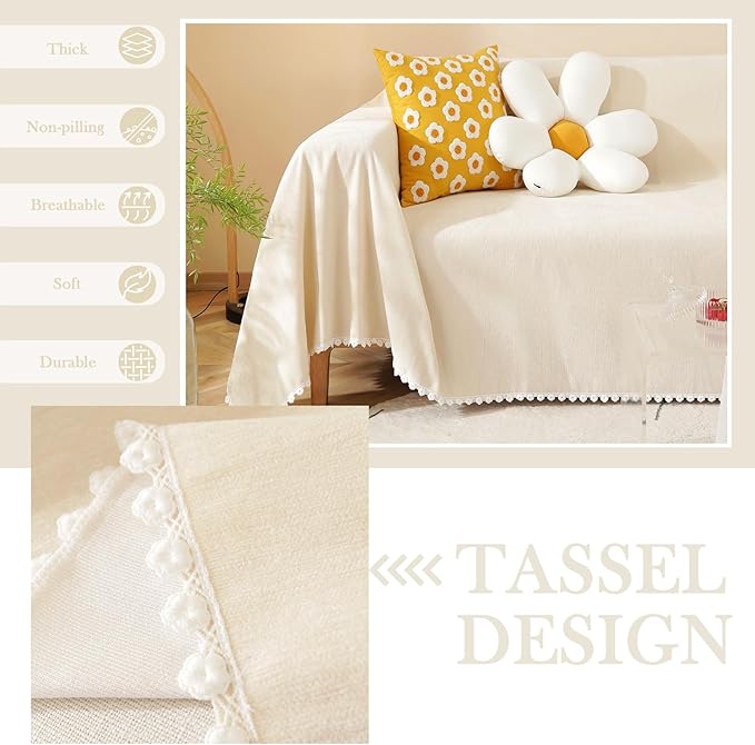 HANDONTIME Beige Couch Covers for 3 Cushion Sofa - Cute Daisy Lace Pet Protector - Thick Chenille Cover for Dogs & Sectional Sofas - 71" X150"