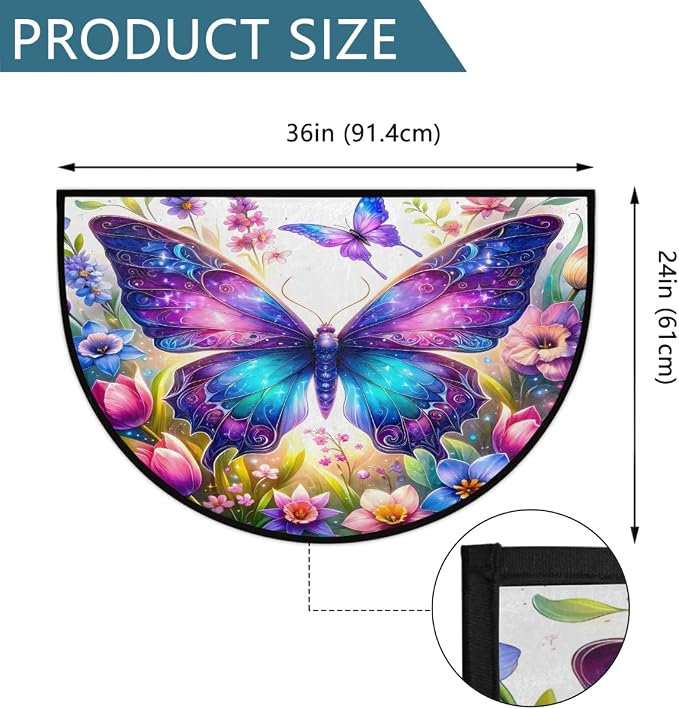 Pardick Half Round Doormat Butterfly Flower Spring Semi Circle Rug Non Slip Indoor Outdoor Entrance Half Moon Rug Washable Front Floor Mat for Kitchen Bathroom Patio Fireplace Holiday Decor