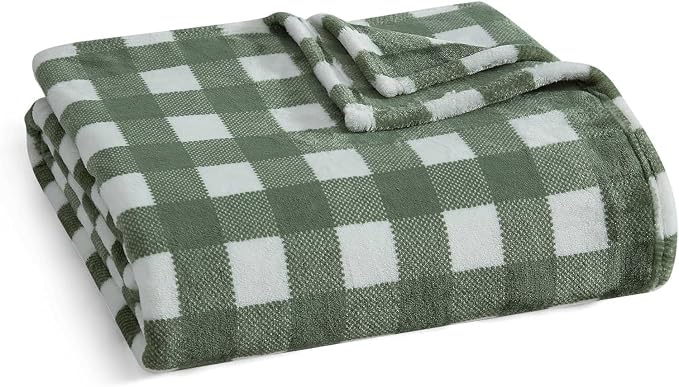 Martha Stewart - Blanket, Incredibly Soft Throw Blanket for Couch or Bed, Printed Plush & Oversized Bedding (Madison Gingham Green, 60" x 70")