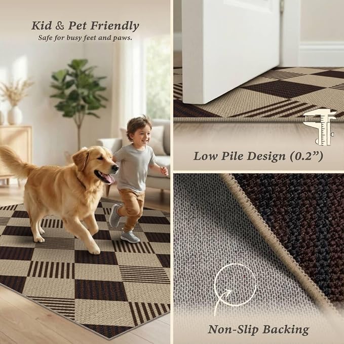 Washable Easy Jute 3x5 Entryway Rug - Door Mat Indoor Entrance, Diamond Rug for Entry Way, Kitchen, Low Pile Light Brown Geometric Striped Woven Front Door Décor