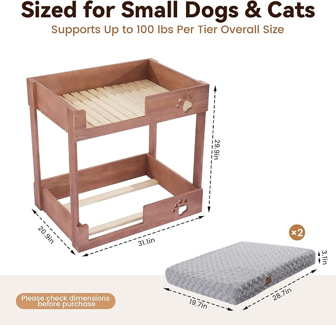 BALAPET Wooden Bunk Dog Bed with 2 Memory Foam Beds | Modern Pet Furniture, Waterproof Liners, Washable Covers, 31.1 x 20.9 x 29.9 in, Bedside Window Perch, For Medium Dogs & Cats