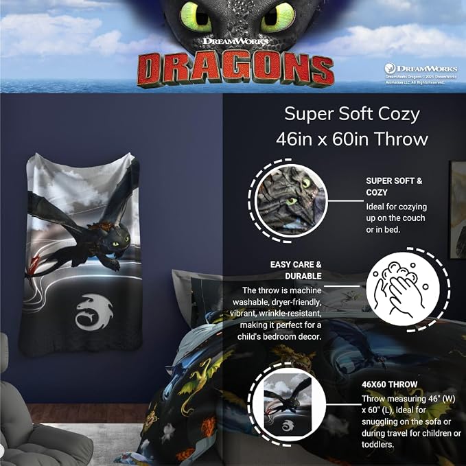 How to Train Your Dragon Toothless Kids Bedding Super Soft Plush Cozy Throw, 46 in x 60 in, (Officially Licensed Product) By Franco