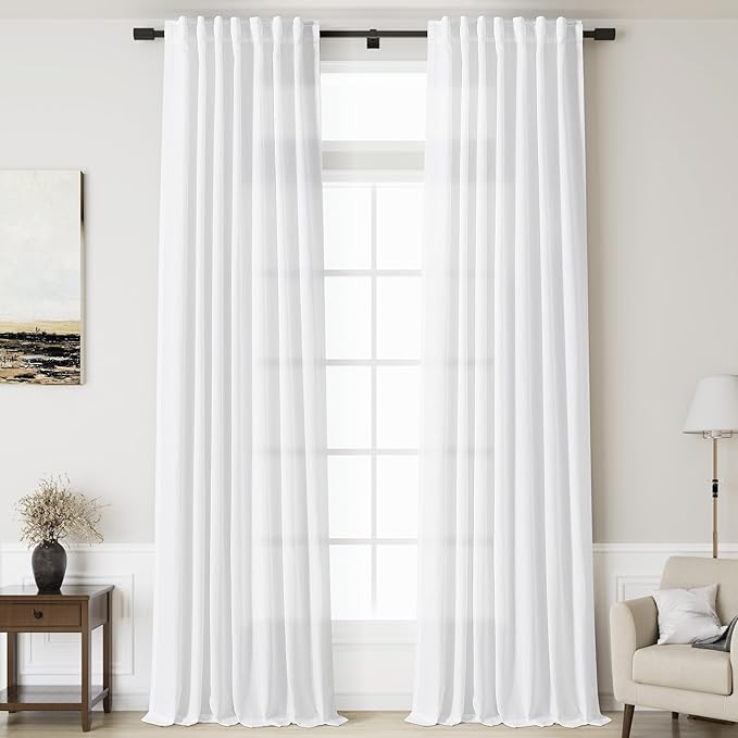 Nanspring Linen White Curtains Extra Long for Living Room 2 Panels Set Back Tab Light Filtering Semi Sheer Drapes Modern Farmhouse Decor Linen Textured Curtain for Floor to Ceiling Window 52x124