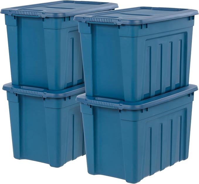 IRIS USA 4-Pack 20 Gal Heavy Duty Storage Totes with Lids, Navy | Heavy-duty design with easy-grip handles for comfortable carrying, Great for tools, garage organization, camping gear