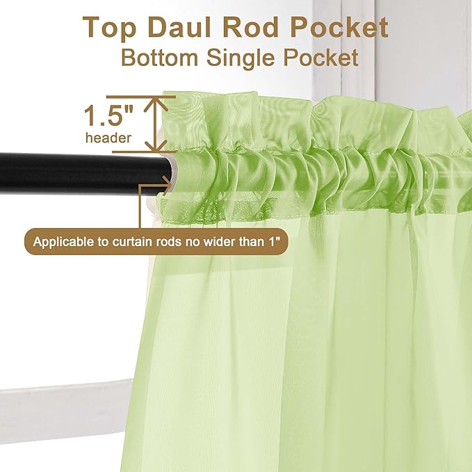 Chyhomenyc Lime Sheer Curtains 30 inch Length 2 Panels, Light Filtering Voile Rod Pocket Short Window Curtians for Bathroom Living Room Farmhouse Small Windows, 42Wx30L inches