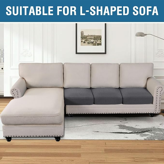 H.VERSAILTEX Super Stretch Individual Seat Cushion Covers Sofa Covers Couch Cushion Cover Slipcover Sets Thick Jacquard Textured Twill Fabric (3 Piece Sofa Cushion Covers, Grey) (Pack of 2)