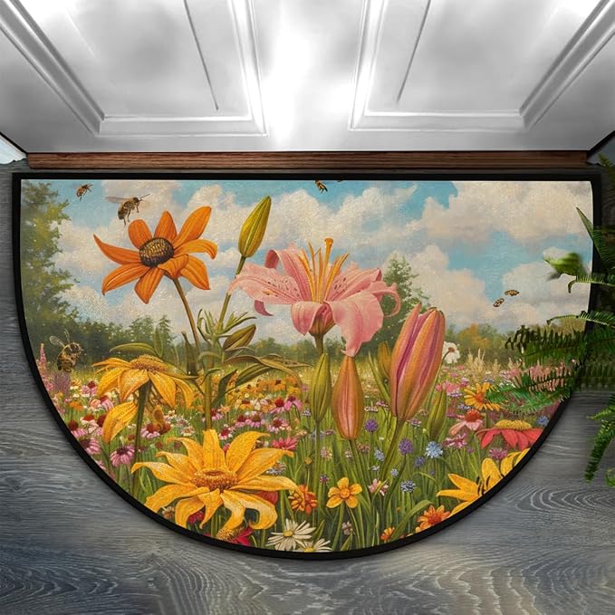 cfpolar Half Round Door Mat Vintage Floral Non-Slip Semi Circle Area Rug Washable Half Moon Hearth Rugs for Indoor Outdoor Bathroom Kitchen Patio Runner Mat Laundry Room Home Decoration