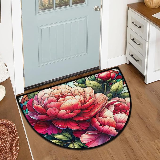 Flower Floral Peony Half Round Door Mat Non-Slip Semi Circle Rug Washable Half Moon Floor Rug Absorbent Bathroom Area Rugs for Outdoor Indoor Fireplace Mat Entryway Kitchen Decor Rugs