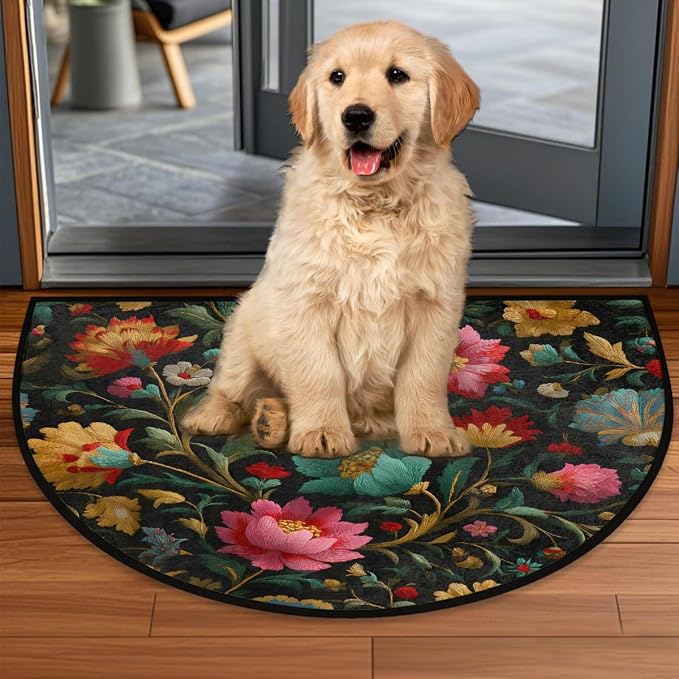 Flower Half Round Door Mat Semi Circle Rug Half Moon Doormat | Soft Washable Colorful Vintage Welcome Entrance Mat for Outdoor Indoor Floor Bedroom Bathroom Home Kitchen Festival Decor