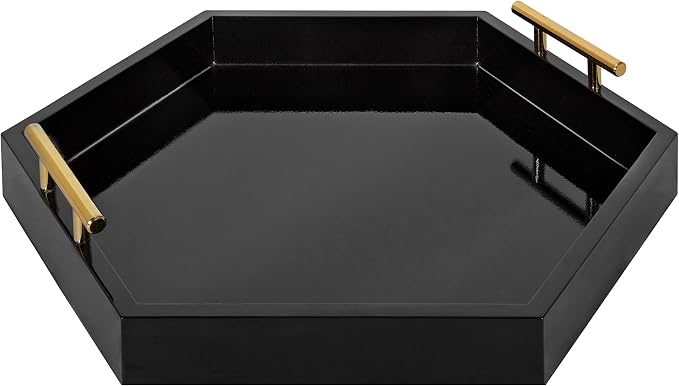 Kate and Laurel Lipton Modern Hexagon Decorative Tray, 18" x 18", Black with Gold Metal Handles