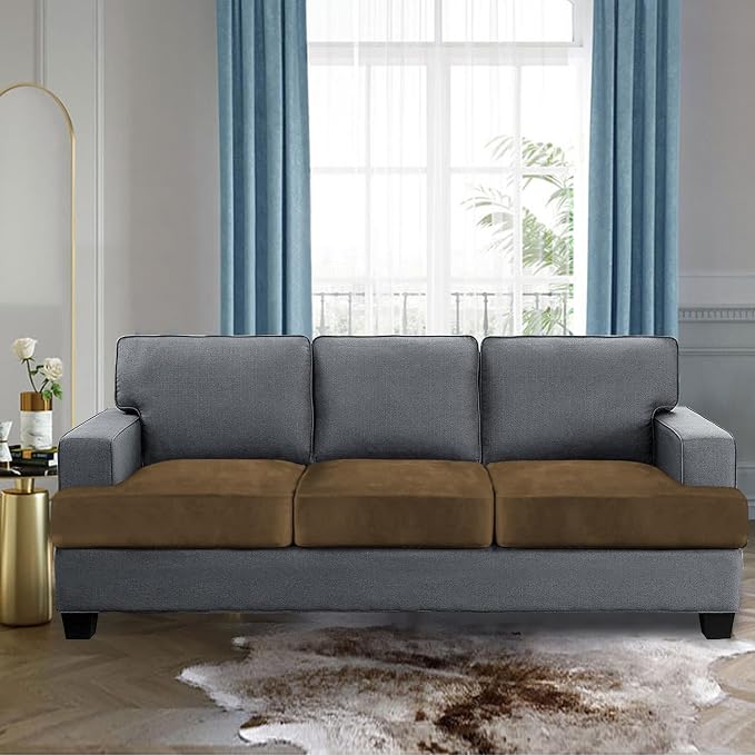 H.VERSAILTEX Stretch Velvet 3 Piece T Cushion Sofa Slipcovers for Living Room Individually Sofa Covers for 3 Seat Cushion Covers Stay with Elastic Bands (Sofa, Bronze Brown)
