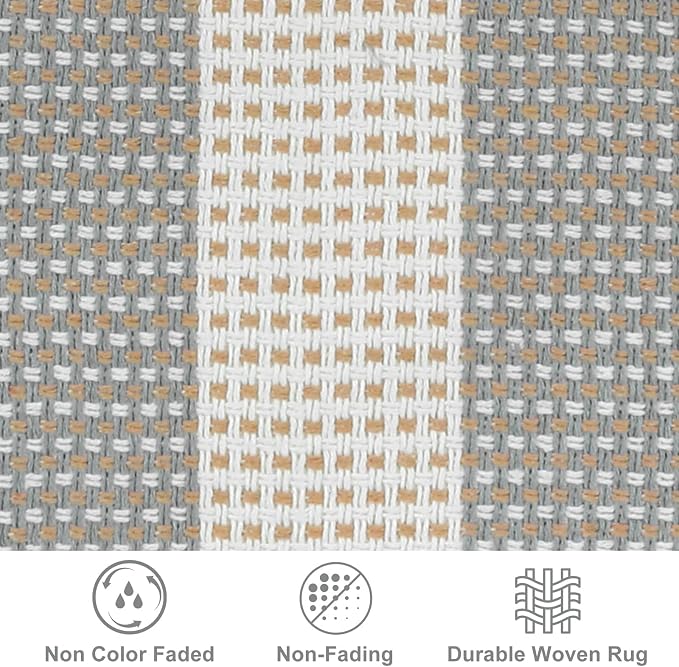LEEVAN 3x5 Outdoor Rug for Porch, Washable Striped Welcome Front Porch Mat | Outside Entryway Patio Rug, Woven Doormat Grey and White Buffalo Backyard Layered Mat for Entrance/Balcony/Apartment
