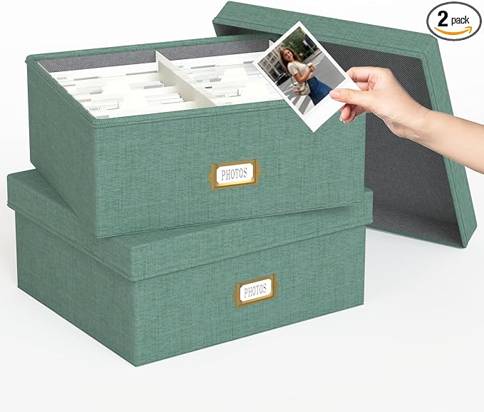 Decorative Photo Storage Box, 2 Pack Linen Photo Box Hold 1700 4x6 Pictures | Photo Storage Containers with 8 Dividers, Memory Keepsake Organizer for Photos, Scrapbook Supplies, Cards, Stamps, Green