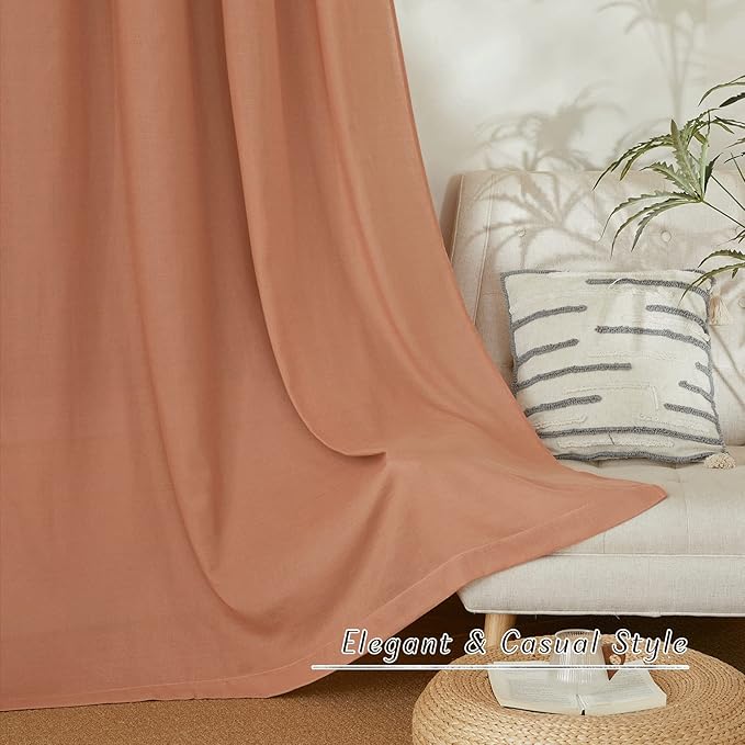 NICETOWN Terracotta Short Linen Curtains for Kitchen, Thick Flax Small Window Treatments Semi Sheer Privacy Assured with Light Through for Cafe/Bathroom, W42 x L48, 2 Panels