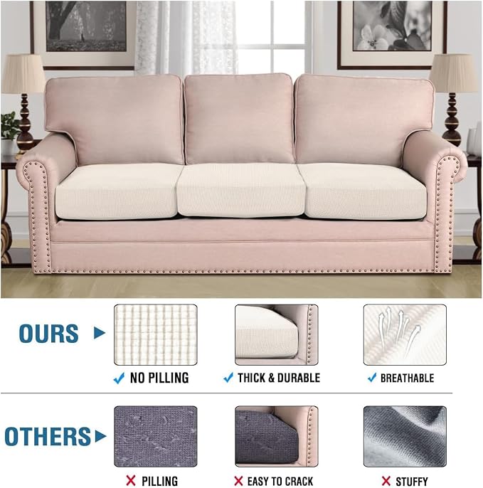 H.VERSAILTEX Super Stretch Individual Seat Cushion Covers - Sofa & Couch Cushion Slipcover Sets - Thick Jacquard Textured Twill Fabric (3 Piece XL, Porcelain White)
