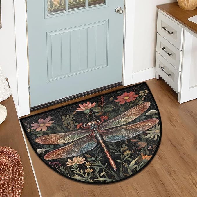 Dragonfly Half Round Door Mat Outdoor Doormat Bedroom Entrance Rug A18 | Dragonfly Flower Floral Semi Moon Door Mat Non-Slip Absorbent Kitchen Rug Indoor Welcome Bath Mat 36" X 24"