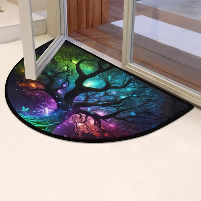 Half Round Doormat Tree of Life Butterfly Non Slip Half Circle Area Rugs Indoor Washable Half Moon Rug Semi Circle Bathroom Runner Mat Entrance Floor Carpet for Kithen Bedroom Fireplace Decor