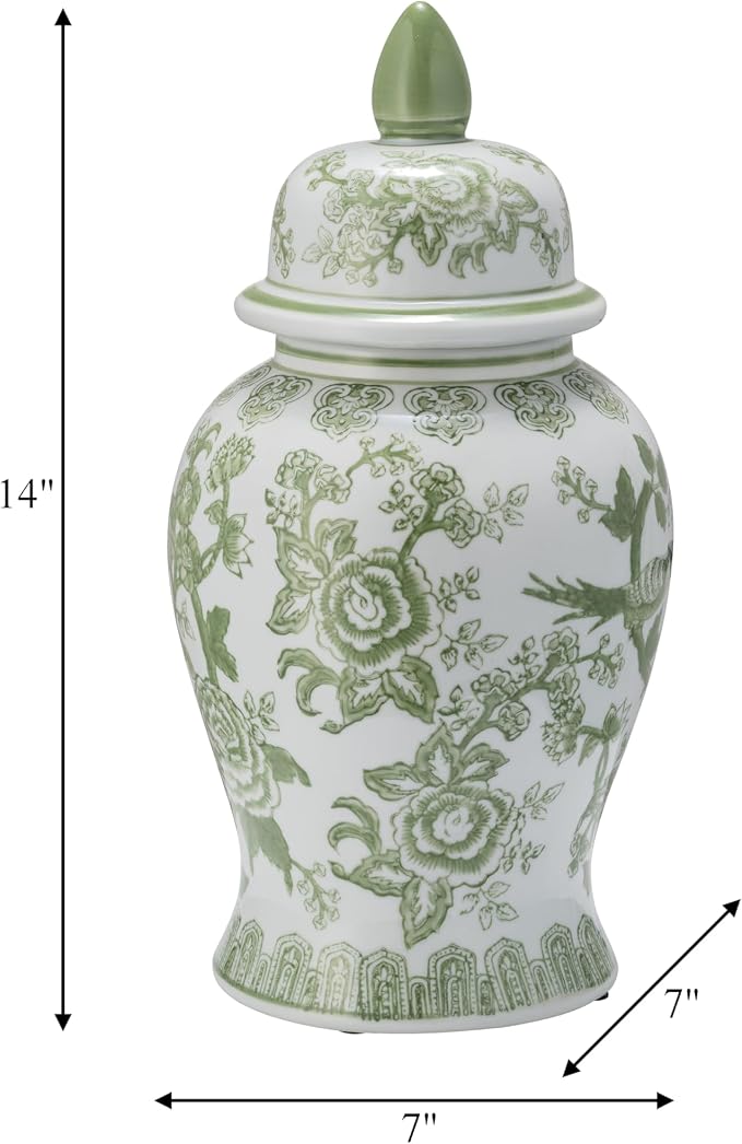 Temple Decorative Jar with Lid – Chinoiserie Ceramic Decorative Stoneware for Home Decor – Modern Centerpiece for Living Room, Bedroom & Office – 14.25", Green & White