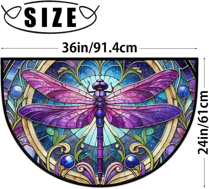 Purple Dragonfly Glass Painting Half Round Mat Half Moon Door Rug Washable Durable Semi Circle Carpet Floor mats for Indoor Outdoor Bathroom Kitchen Patio Hearth Rug Laundry Room Home Decoration
