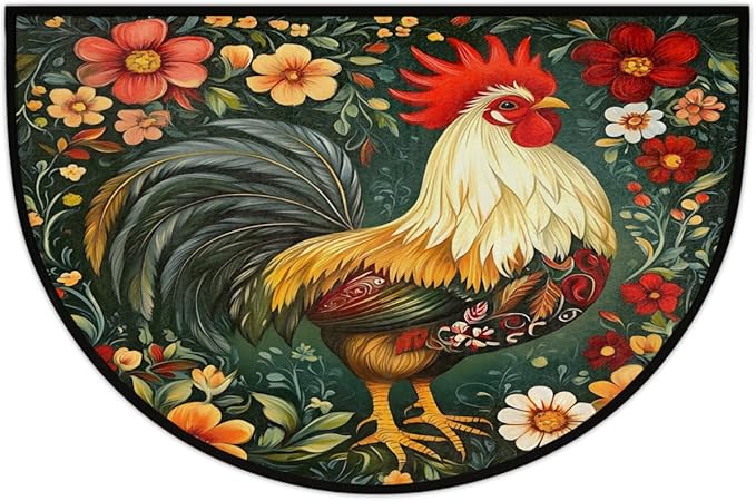 Rooster Half Round Doormat Semi Circle Rug Half Moon Rug Entryway Mat | Rooster Flower Washable Non Slip Outdoor Floor Rug Kitchen Mat for Indoor Outdoor Bathroom Fireplace Bath Decor