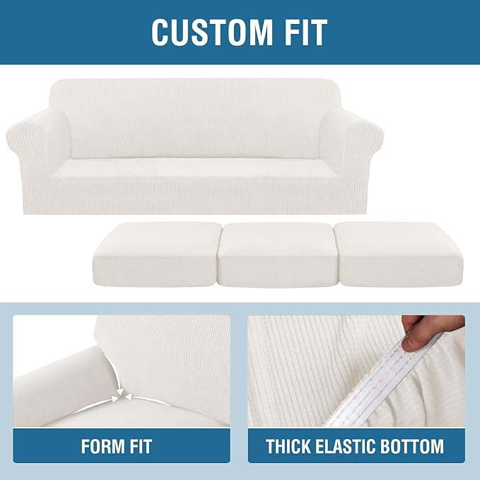 H.VERSAILTEX 4 Piece Stretch Sofa Covers for 3 Cushion Couch Furniture Slipcovers for Living Room (1 Base Cover Plus 3 Seat Cushion Covers) Jacquard Fabric Cover (XL Sofa, Porcelain White)