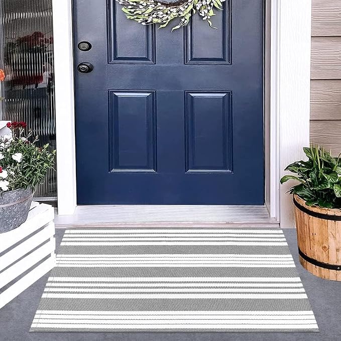 OJIA Front Door Mat Outdoor Doormat 24"x35" Gray White Striped Outdoor Rugs | Washable Front Door Rug Entry Rug Indoor Door Mat Outside Entrance Cotton Woven Small Area Rugs for Porch/Kitchen/Entryway
